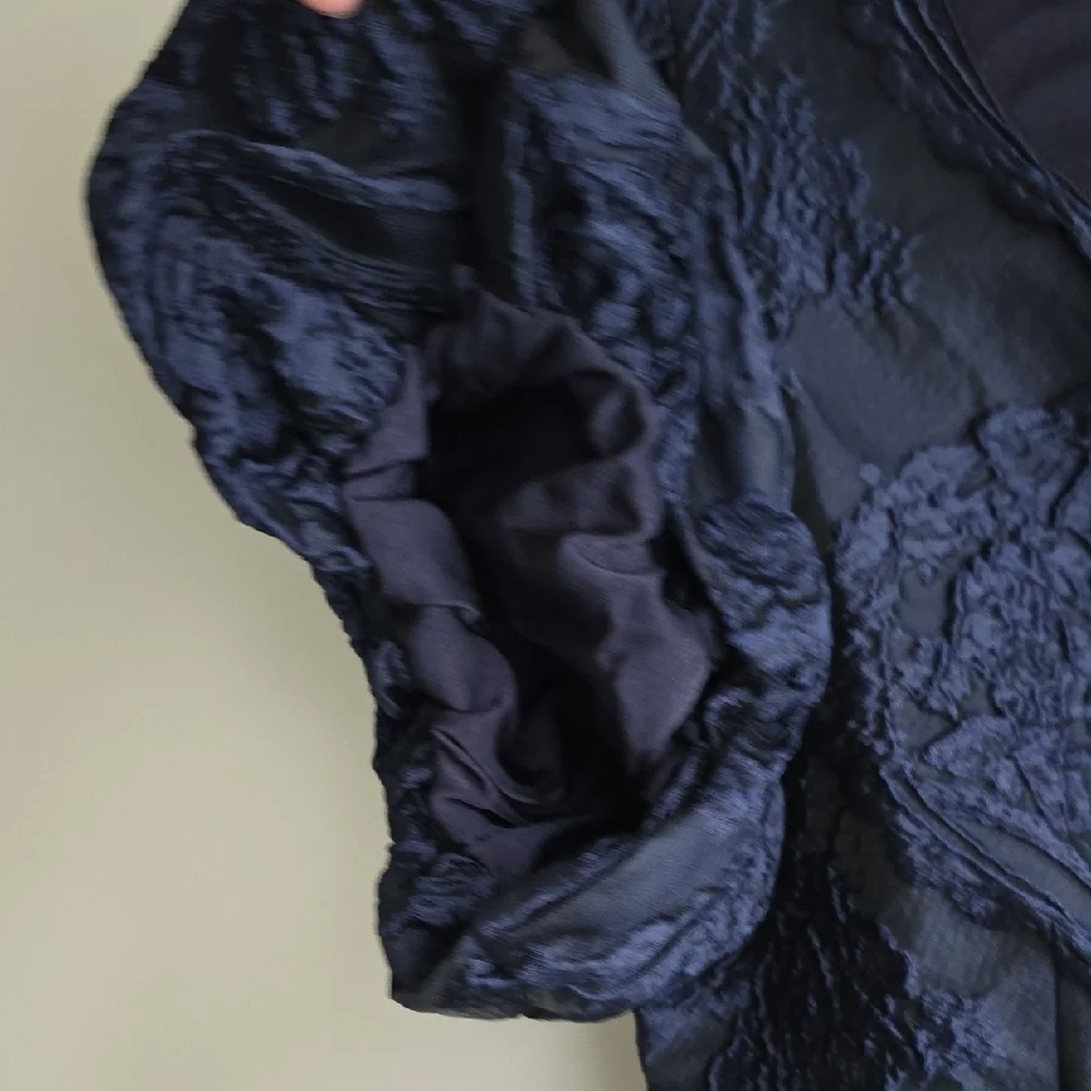 Navy Jacquard Mini Dress with Bow Accents - Picture 12 of 15